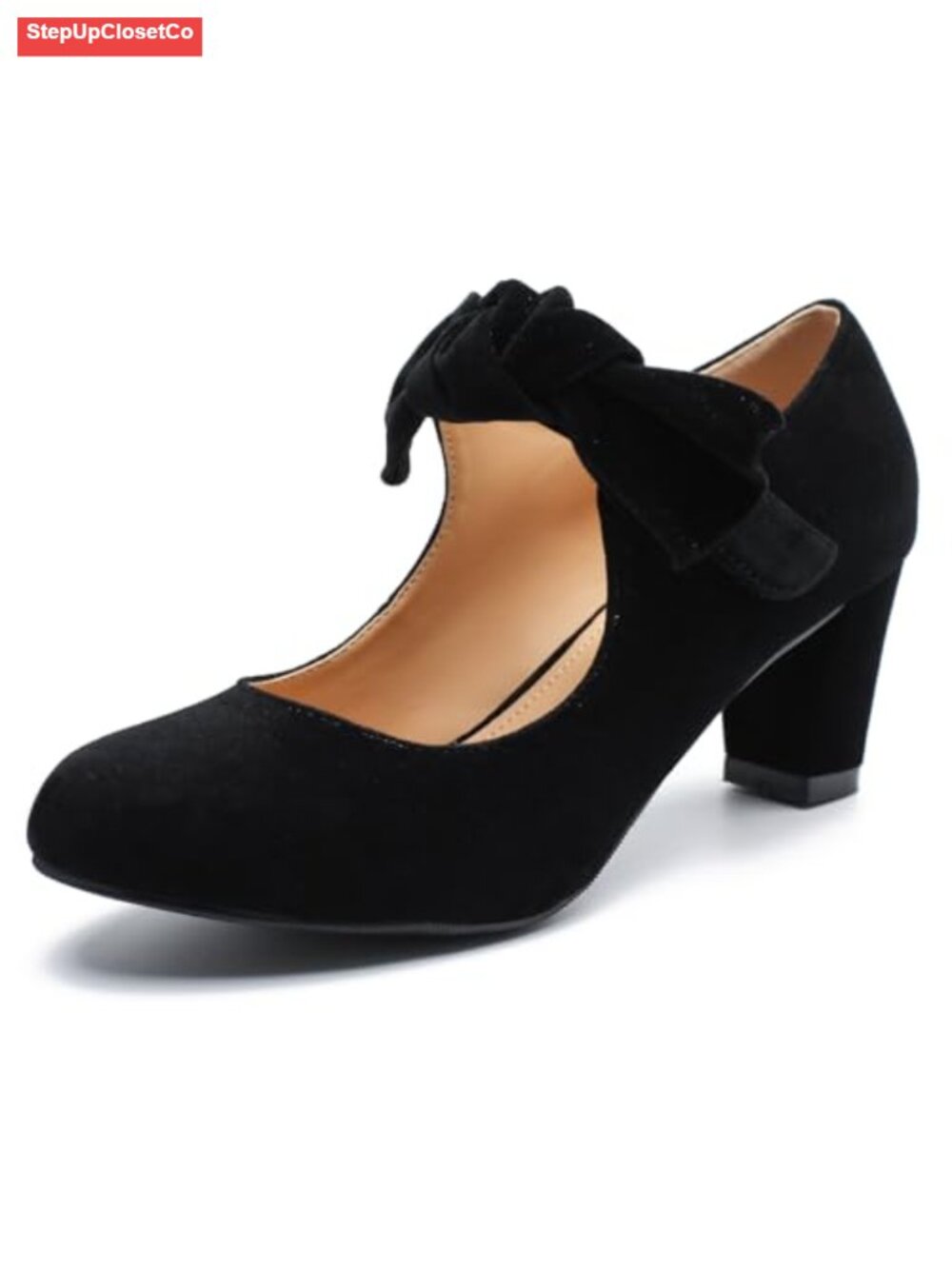 Women's Bow Mary Janes Block Heel Pumps Faux Suede Dress Shoes